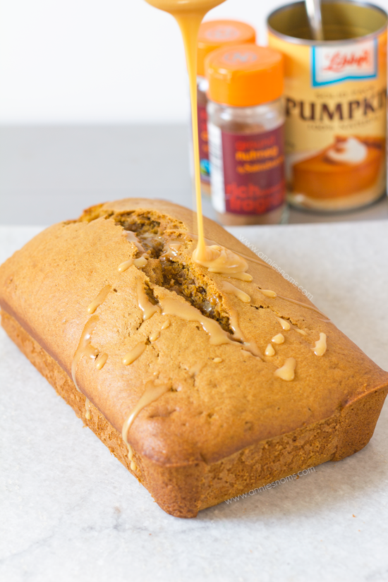 Pumpkin Bread with Salted Caramel Glaze | Annie's Noms - This Pumpkin Bread with Salted Caramel Glaze is sure to become a family favourite! Soft, tender and almost fudgy, the lightly spiced bread is perfectly complimented by the salty, sweet glaze.