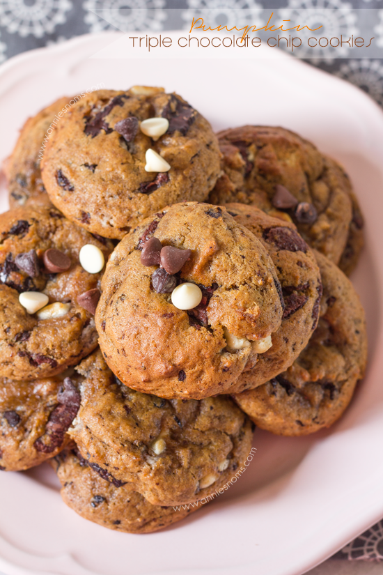 Pumpkin Triple Chocolate Chip Cookies | Annie's Noms - Say goodbye to cakey pumpkin cookies with these Pumpkin Triple Chocolate Chip Cookies! Soft, chewy, lightly spiced and with white, milk AND dark chocolate; these are the only pumpkin cookie recipe you need!