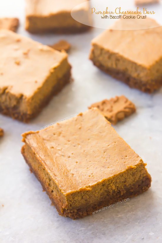 Pumpkin Cheesecake Bars with Biscoff Cookie Crust - These Pumpkin Cheesecake Bars have a sweet, spicy, soft filling and are married with the most amazing Biscoff Cookie Crust! 