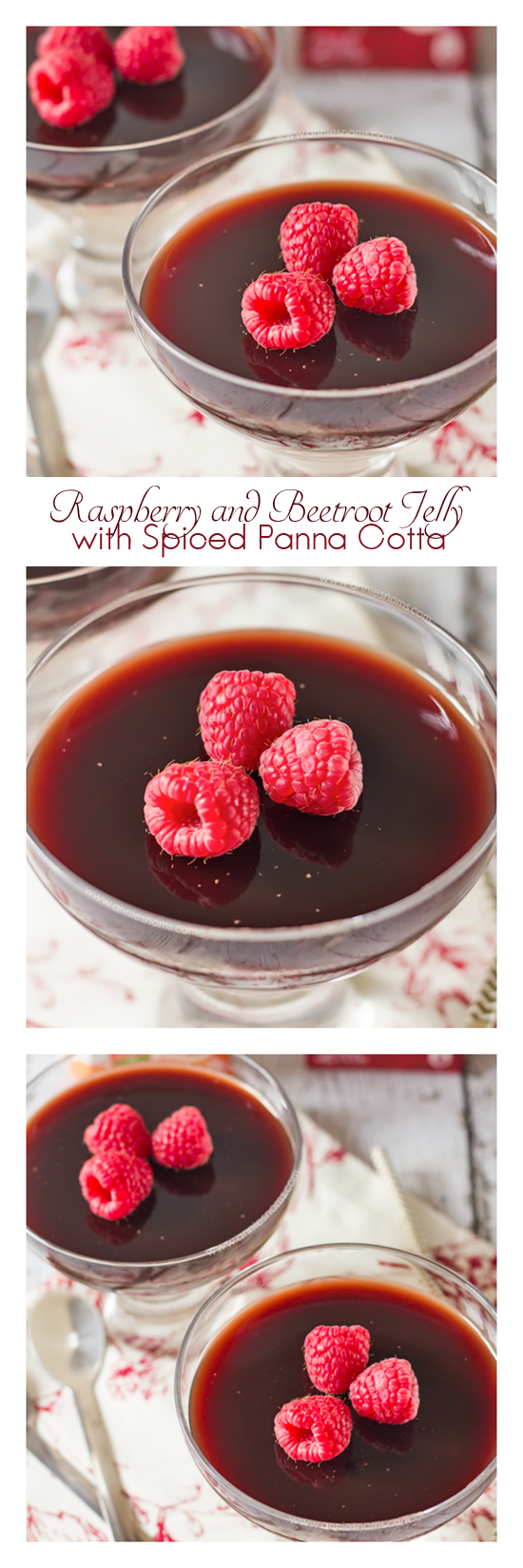 A layer of lightly spiced, creamy Panna Cotta topped with a homemade Raspberry and Beetroot Jelly makes this a simple, but festive dessert. Just perfect for Christmas!