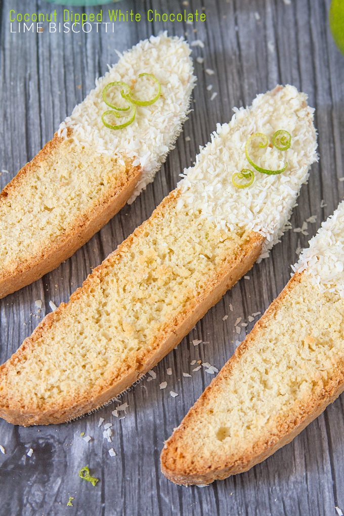 This Lime Biscotti has flakes of coconut inside it and is then dipped in melted white chocolate before being covered in more coconut flakes. Easy to make and the perfect accompaniment to your afternoon coffee!