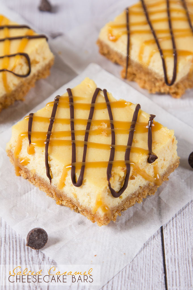 My Salted Caramel Cheesecake Bars marry velvety smooth cheesecake with the salty sweet gorgeousness that is Salted Caramel. With caramel in the cheesecake and on top, these are a caramel lovers dream!