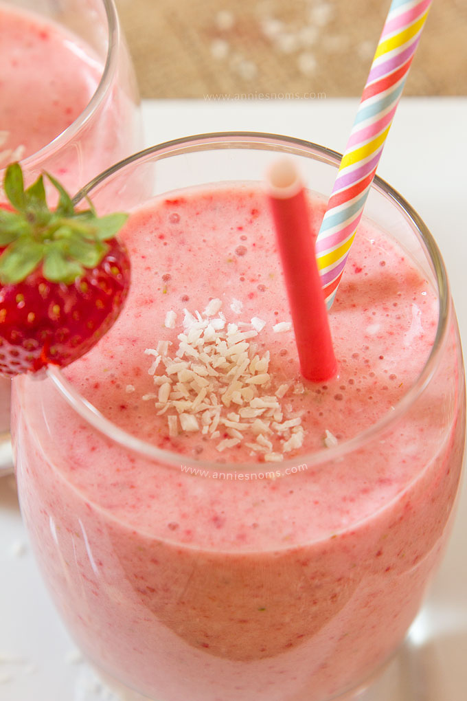 This quick and flavour packed Strawberry Coconut Smoothie is the perfect pick me up. With coconut milk, fresh, juicy strawberries, and a frozen banana base, it's super smooth, creamy and ready in 5 minutes!