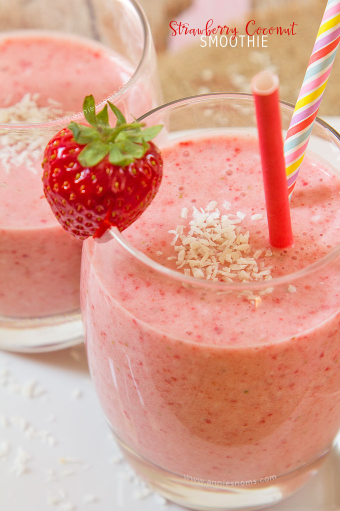 This quick and flavour packed Strawberry Coconut Smoothie is the perfect pick me up. With coconut milk, fresh, juicy strawberries, and a frozen banana base, it's super smooth, creamy and ready in 5 minutes!