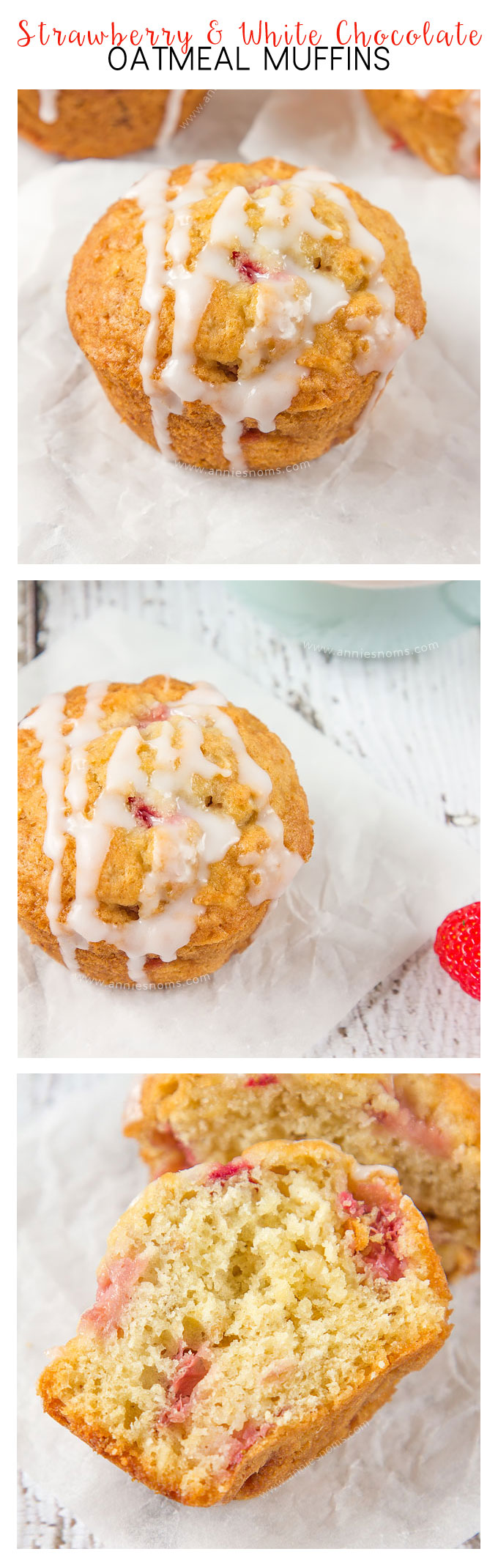 Fresh, juicy strawberries, chunks of white chocolate and oats make these Strawberry and White Chocolate Oatmeal Muffins hearty, full of flavour and just perfect for breakfast on the go!