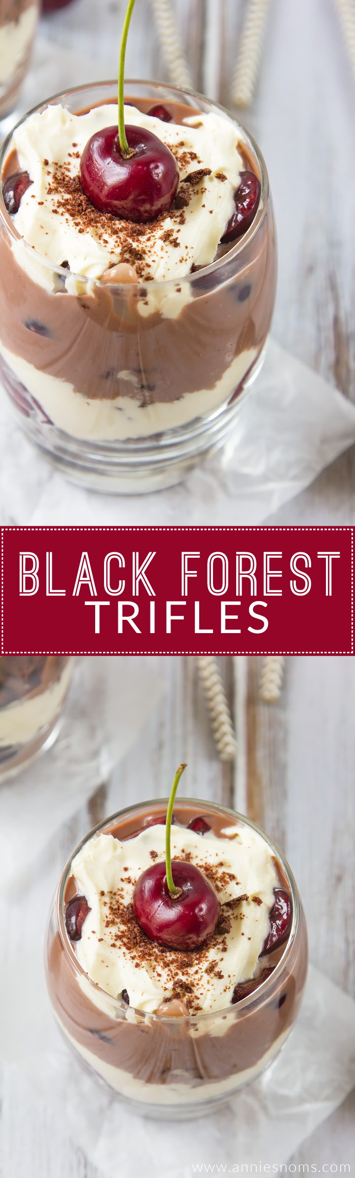 My individual sized Black Forest Trifles are packed with rich chocolate cake, whipped cream, fresh cherries and a gorgeous, thick chocolate custard. A make ahead, no-bake dessert the whole family will love!