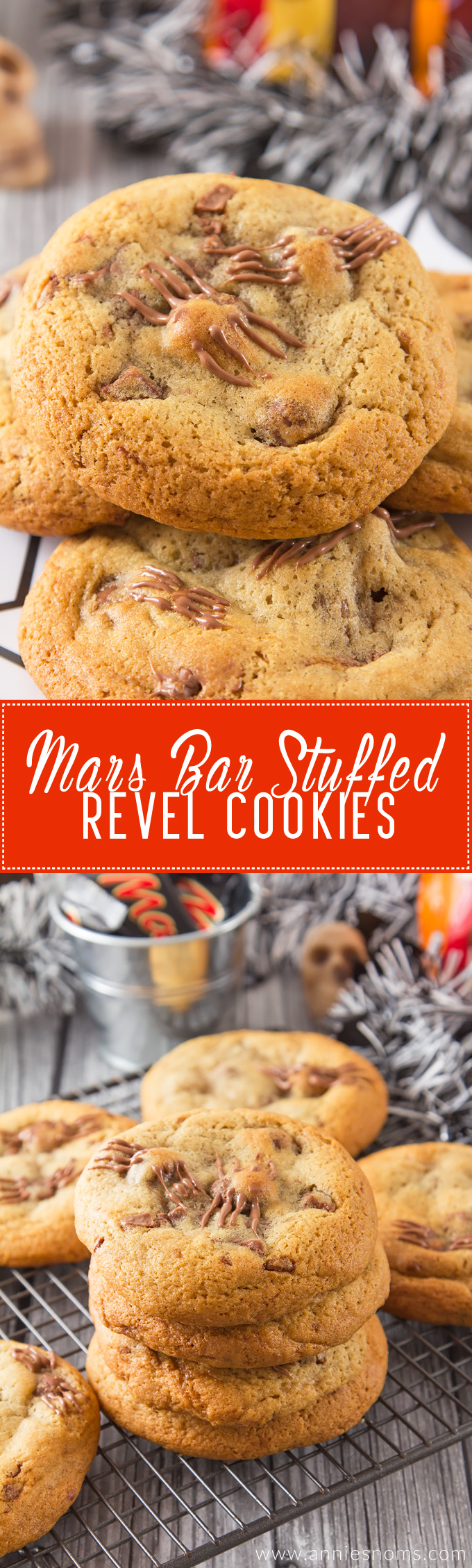 Thick, chewy cookies filled with all the flavours of Revels and stuffed with a big chunk of Mars Bar. These are every chocolate lover's dream come true in cookie form!
