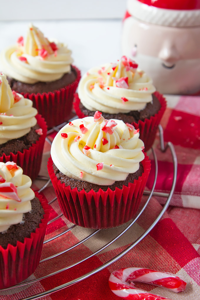 A soft, rich chocolate and peppermint cupcake is topped with smooth, peppermint frosting and finished off with crushed candy canes, creating a fun, festive cupcake!