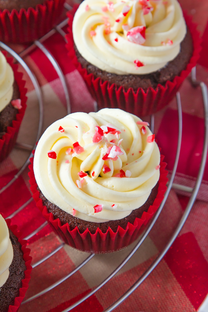 A soft, rich chocolate and peppermint cupcake is topped with smooth, peppermint frosting and finished off with crushed candy canes, creating a fun, festive cupcake!