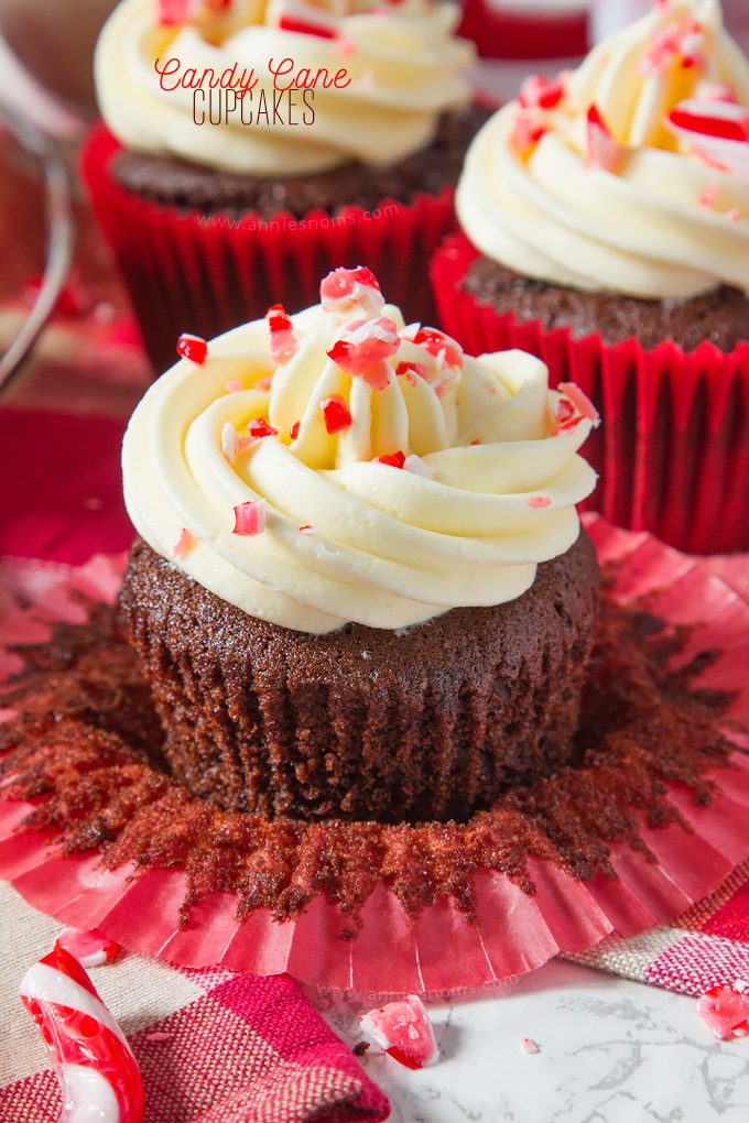 A soft, rich chocolate and peppermint cupcake is topped with smooth, peppermint frosting and finished off with crushed candy canes, creating a fun, festive cupcake!