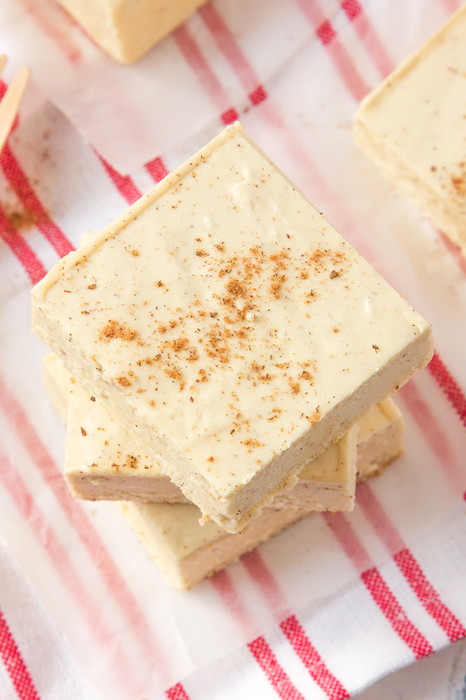 This easy Eggnog Fudge requires no thermometer to make! It is the perfect melt in your mouth, divine edible gift to make this Christmas!