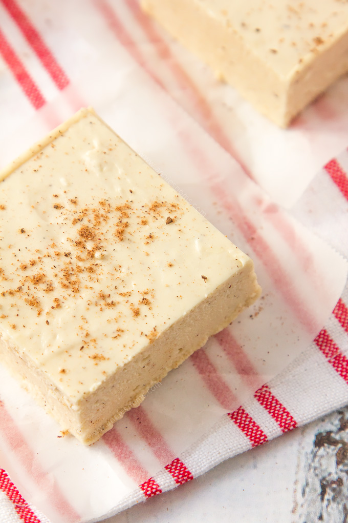 This easy Eggnog Fudge requires no thermometer to make! It is the perfect melt in your mouth, divine edible gift to make this Christmas!