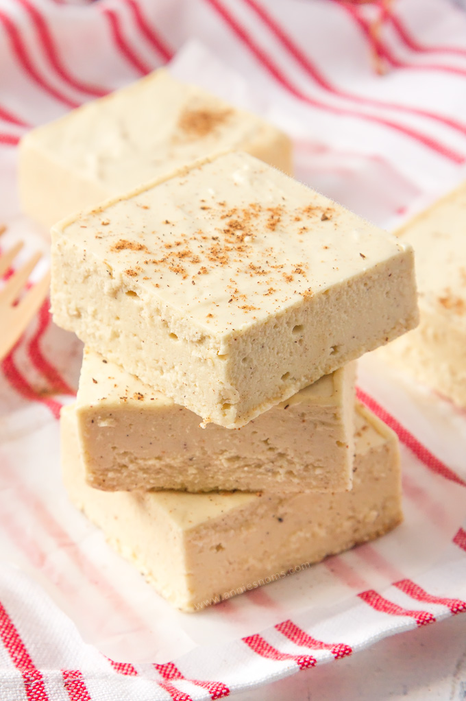 This easy Eggnog Fudge requires no thermometer to make! It is the perfect melt in your mouth, divine edible gift to make this Christmas!