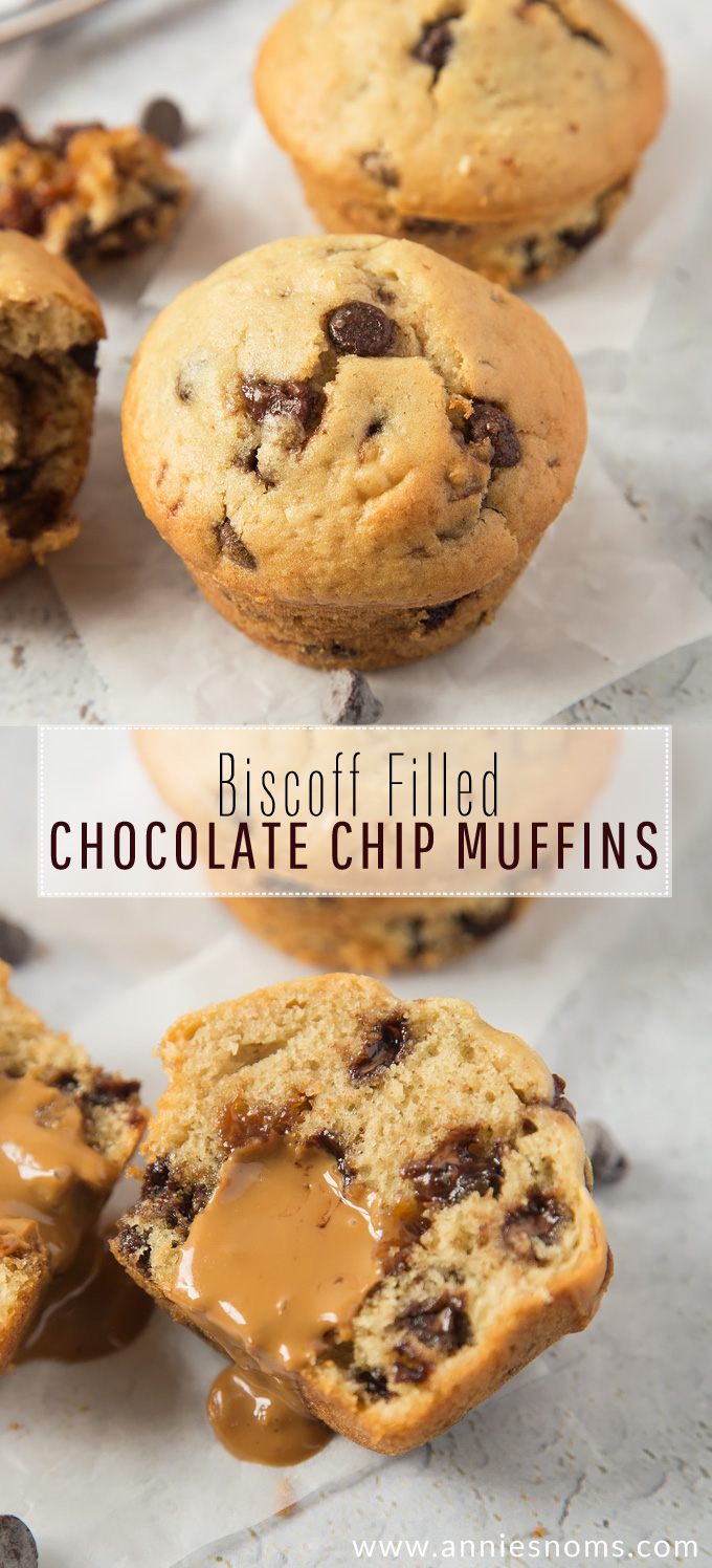 Soft, tender Chocolate Chip Muffins filled with an oozing Biscoff spread centre! A decadent breakfast, or a tasty dessert? You decide!