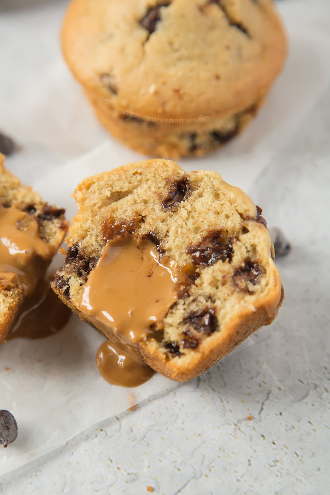 Soft, tender Chocolate Chip Muffins filled with an oozing Biscoff spread centre! A decadent breakfast, or a tasty dessert? You decide!