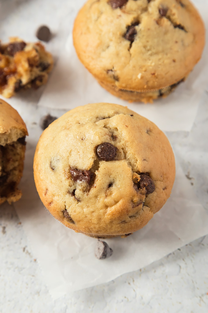 Soft, tender Chocolate Chip Muffins filled with an oozing Biscoff spread centre! A decadent breakfast, or a tasty dessert? You decide!