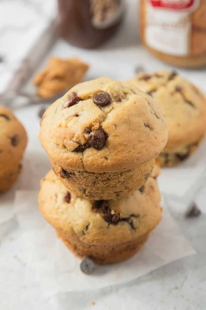 Soft, tender Chocolate Chip Muffins filled with an oozing Biscoff spread centre! A decadent breakfast, or a tasty dessert? You decide!