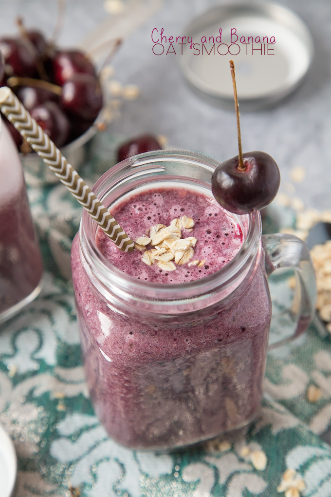 A thick, sweet and hearty Oat Smoothie with Cherries, bananas and oats. Filling and delicious, this smoothie is perfect for breakfast, lunch or an afternoon pick me up!