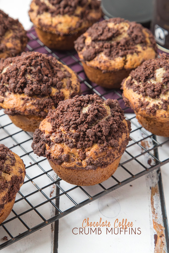 Hearty Chocolate Coffee Crumb Muffins filled with oozing chocolate, flecks of Espresso and topped with a cocoa crumb; scrumptious AND easy to make! #ad #fairtradefortnight