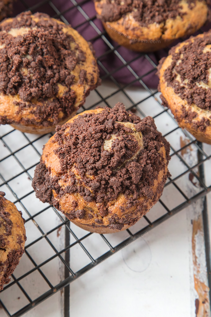 Hearty Chocolate Coffee Crumb Muffins filled with oozing chocolate, flecks of Espresso and topped with a cocoa crumb; scrumptious AND easy to make! #ad #fairtradefortnight