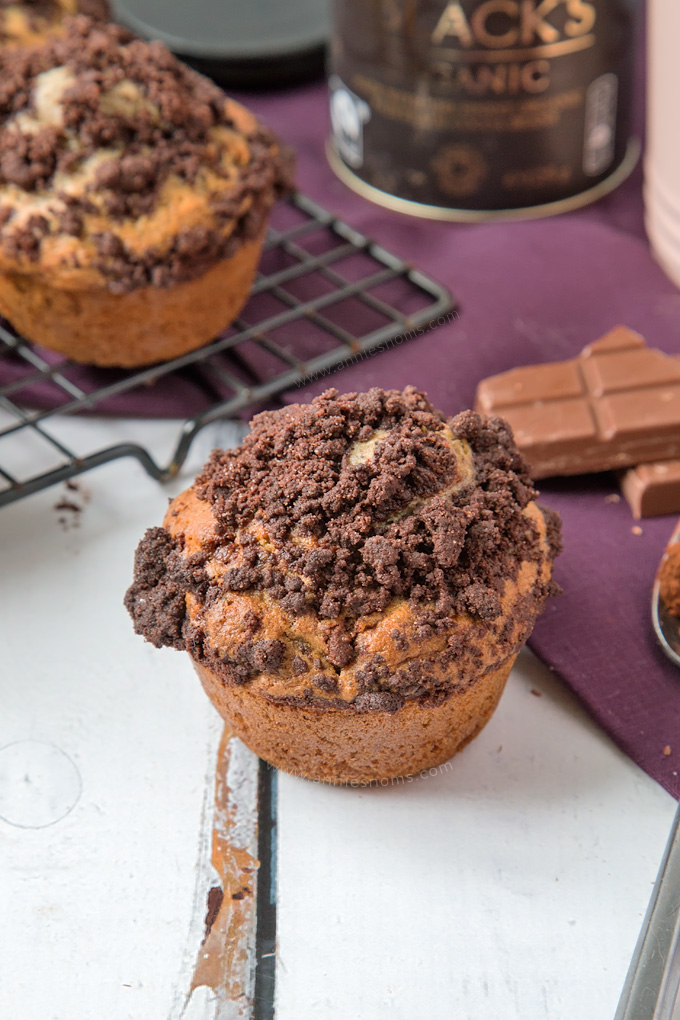 Hearty Chocolate Coffee Crumb Muffins filled with oozing chocolate, flecks of Espresso and topped with a cocoa crumb; scrumptious AND easy to make! #ad #fairtradefortnight