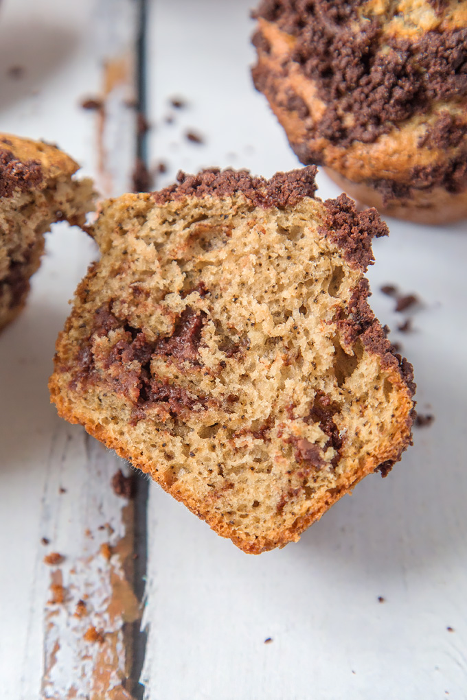 Hearty Chocolate Coffee Crumb Muffins filled with oozing chocolate, flecks of Espresso and topped with a cocoa crumb; scrumptious AND easy to make! #ad #fairtradefortnight