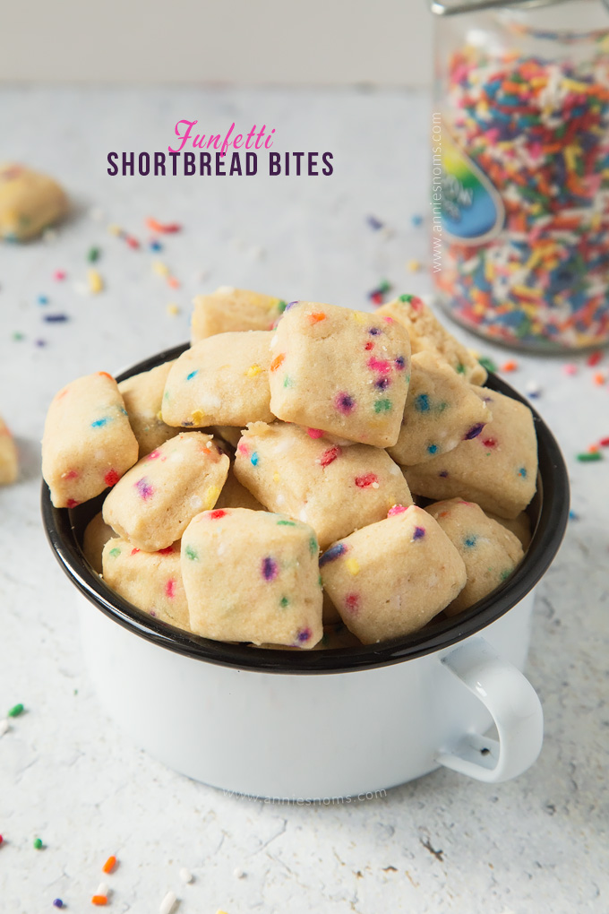 These adorable mini Funfetti Shortbread Bites are ridiculously easy to make and totally addictive!