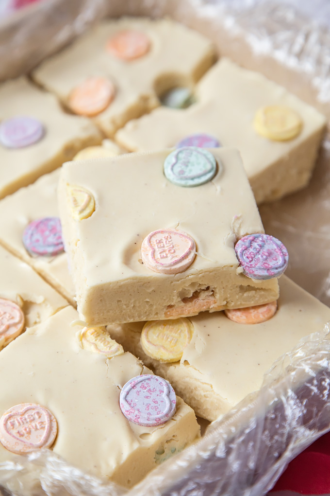 This Love Heart Fudge is velvety smooth, sweet, creamy and filled with lots of fizzy Love Heart sweets.