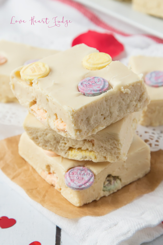 This Love Heart Fudge is velvety smooth, sweet, creamy and filled with lots of fizzy Love Heart sweets.