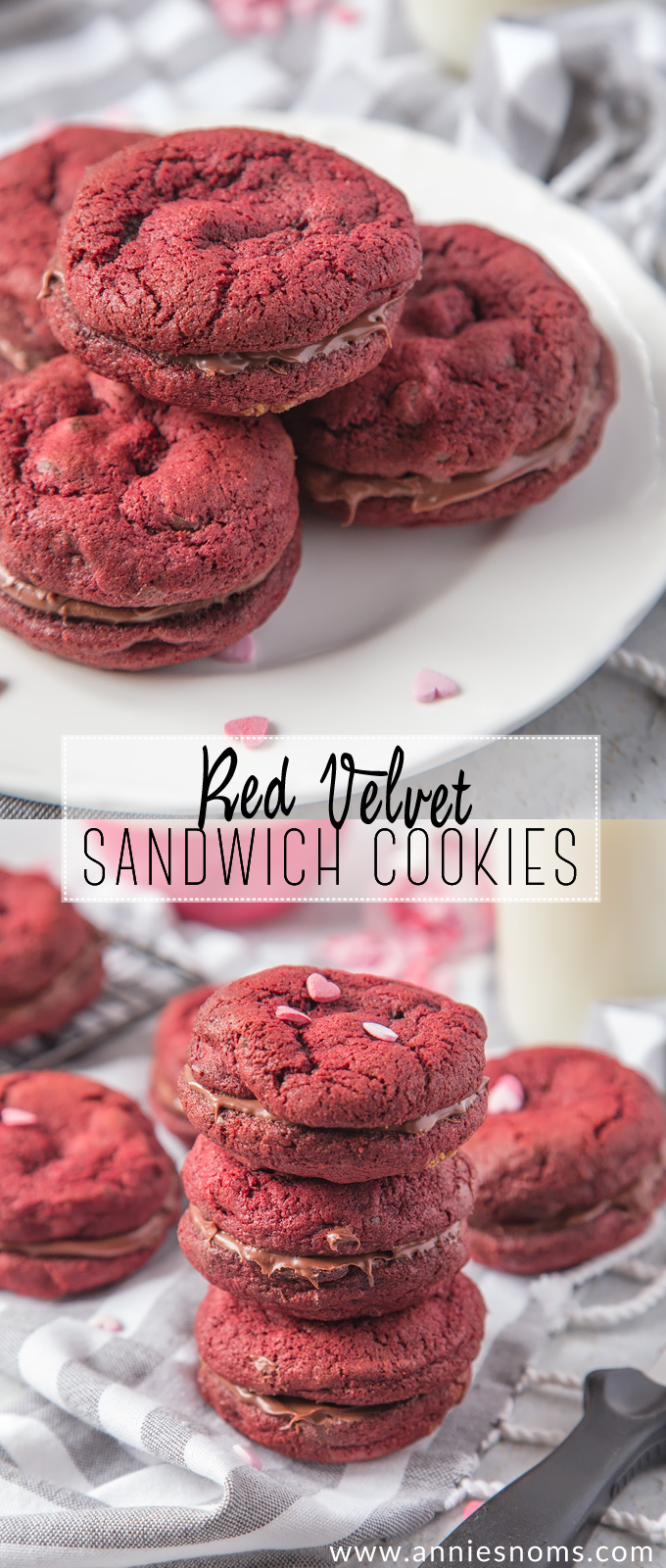 Soft, chewy Chocolate Chip filled Red Velvet Cookies sandwiched together with creamy, smooth chocolate spread to make a cute and delicious Valentine's treat!