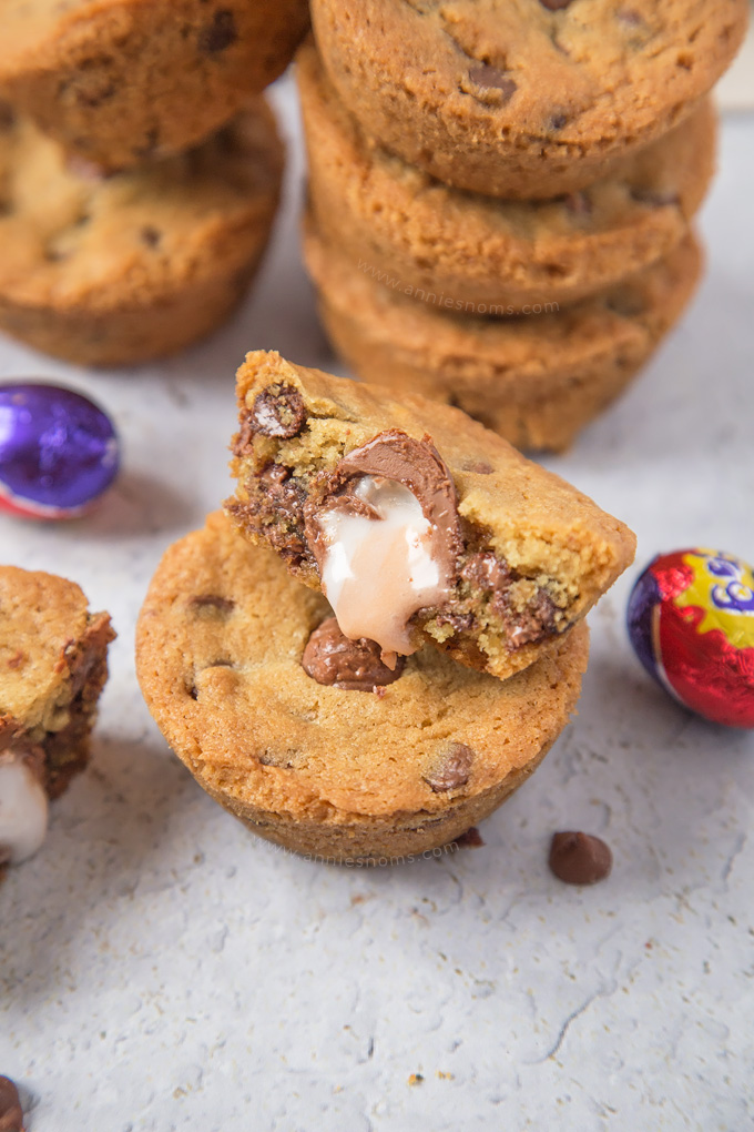 Soft and chewy chocolate chip cookies stuffed with a mini Cadbury Creme Egg. The perfect, easy Easter bake!