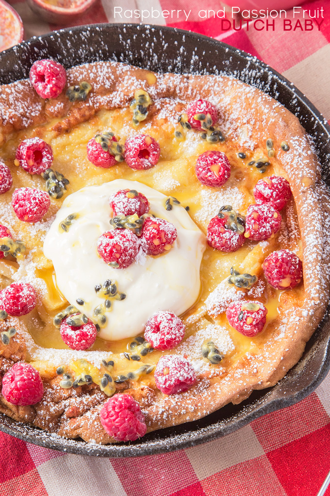 My easy and scrumptious Raspberry and Passion Fruit Dutch Baby is the perfect family breakfast recipe to make this Spring!