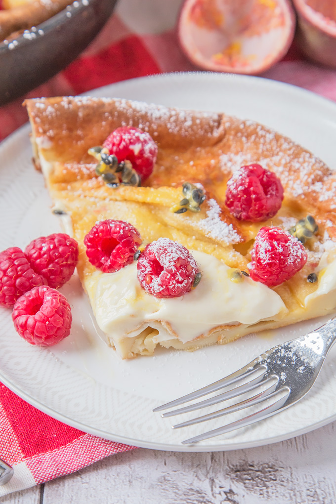 My easy and scrumptious Raspberry and Passion Fruit Dutch Baby is the perfect family breakfast recipe to make this Spring!