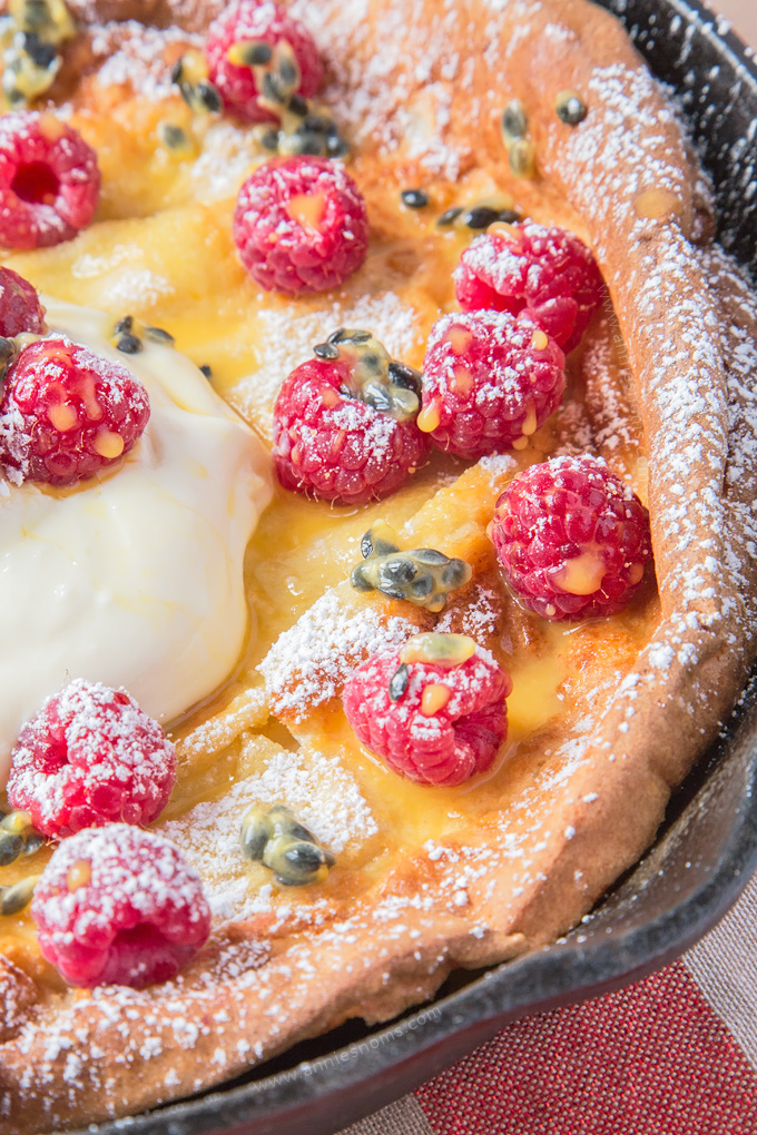 My easy and scrumptious Raspberry and Passion Fruit Dutch Baby is the perfect family breakfast recipe to make this Spring!