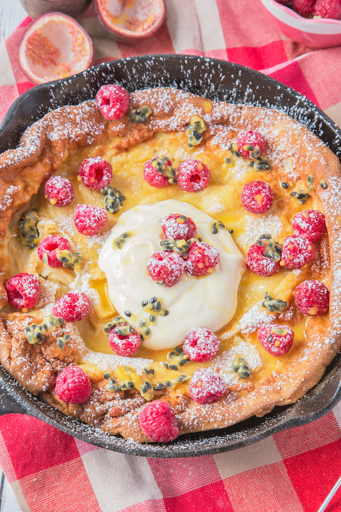 My easy and scrumptious Raspberry and Passion Fruit Dutch Baby is the perfect family breakfast recipe to make this Spring!