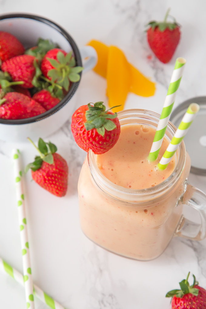 My smooth, creamy and utterly scrumptious Strawberry and Mango Smoothie is the perfect Summer refreshment. And, you only need 4 ingredients!