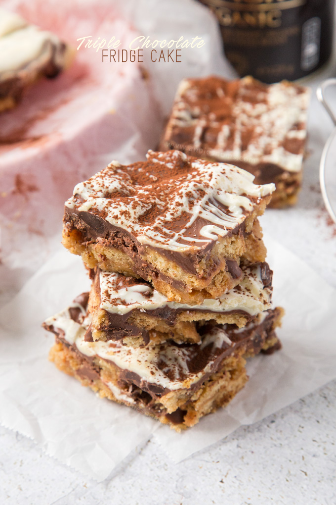 This rich, chocolate filled Fridge Cake is a simple, no bake dessert with a ton of flavour and a sweet, crunchy base.