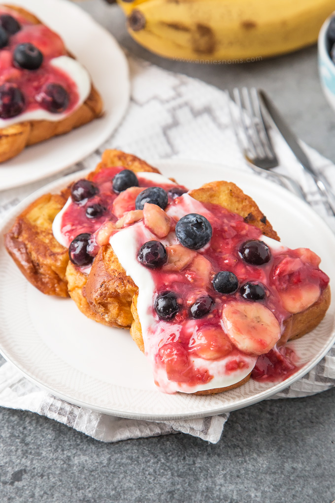 Golden French Toast is topped with a beautiful Banana Berry mixture that takes this breakfast to another level.