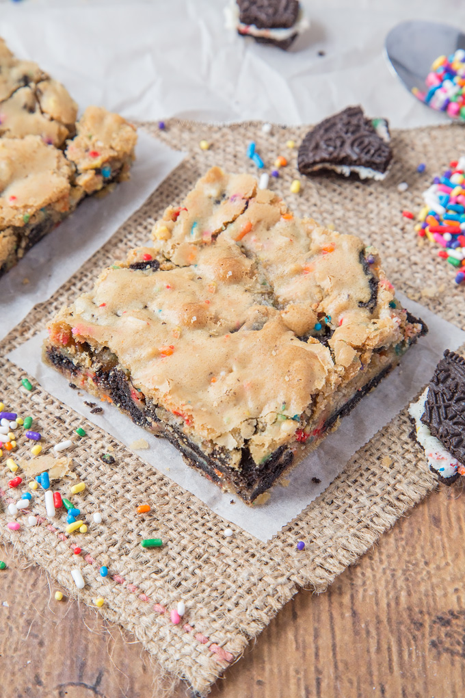 These chewy Birthday Cake Blondies are filled with chunks of Oreo cookie and Funfetti to make a fun new dessert to enjoy on your birthday!