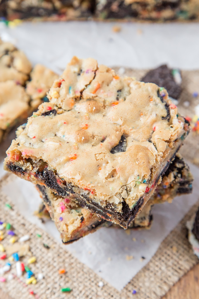 These chewy Birthday Cake Blondies are filled with chunks of Oreo cookie and Funfetti to make a fun new dessert to enjoy on your birthday!