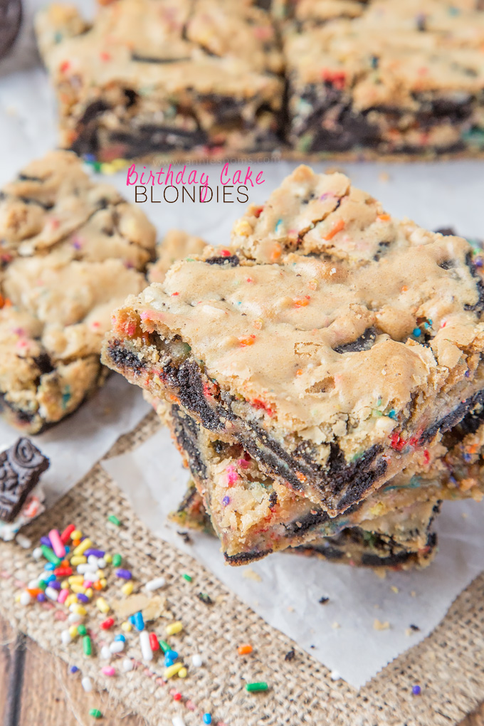 These chewy Birthday Cake Blondies are filled with chunks of Oreo cookie and Funfetti to make a fun new dessert to enjoy on your birthday!