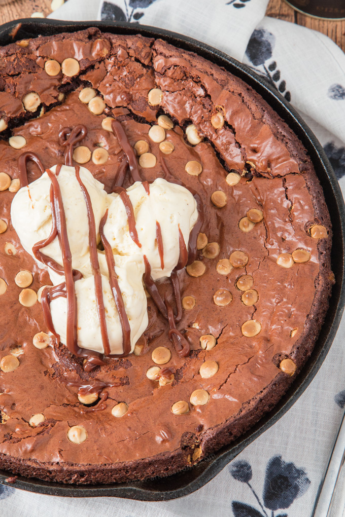 This chewy and decadent Double Chocolate Skillet Brownie is the stuff dreams are made of! Gooey, fudgy and packed with chocolate, it's heaven in every bite!