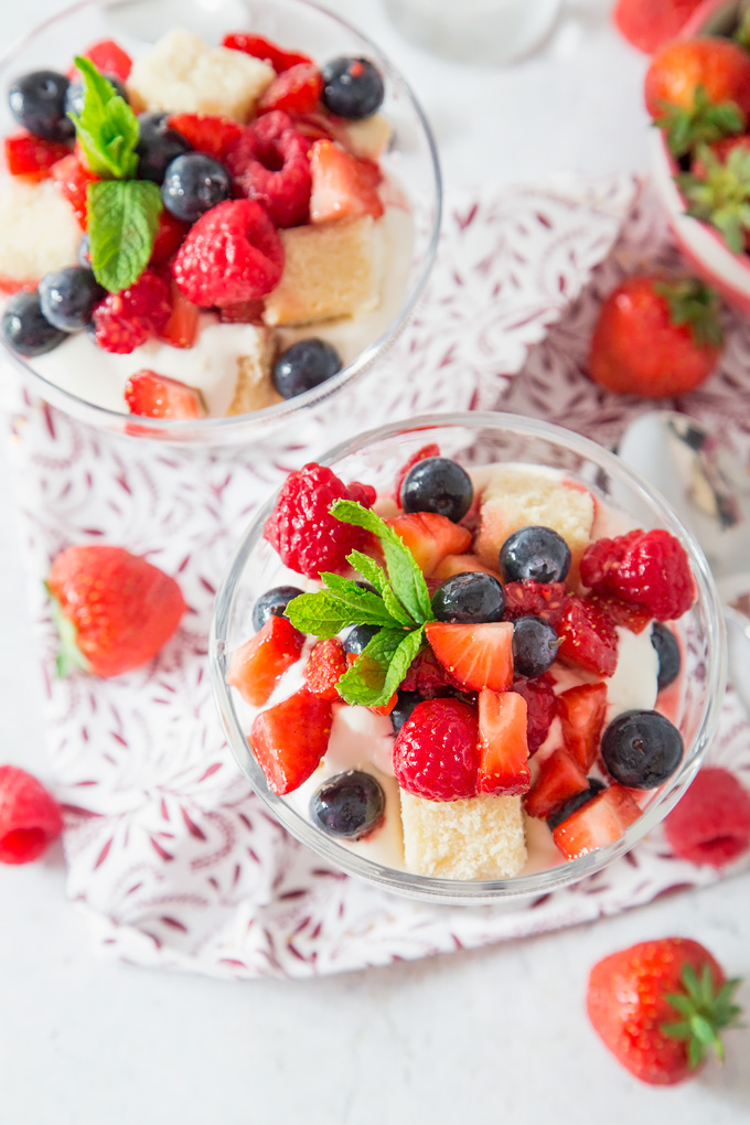 An easy, no bake Summer dessert marrying together yoghurt, cream, berries and cake! Easy to prep and perfect for a crowd!