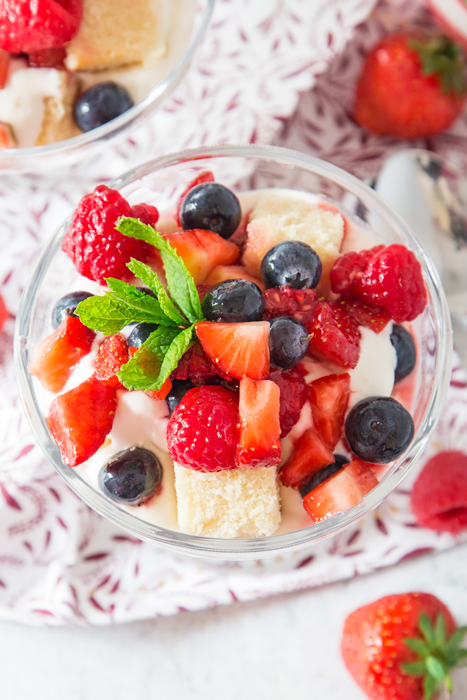 An easy, no bake Summer dessert marrying together yoghurt, cream, berries and cake! Easy to prep and perfect for a crowd!