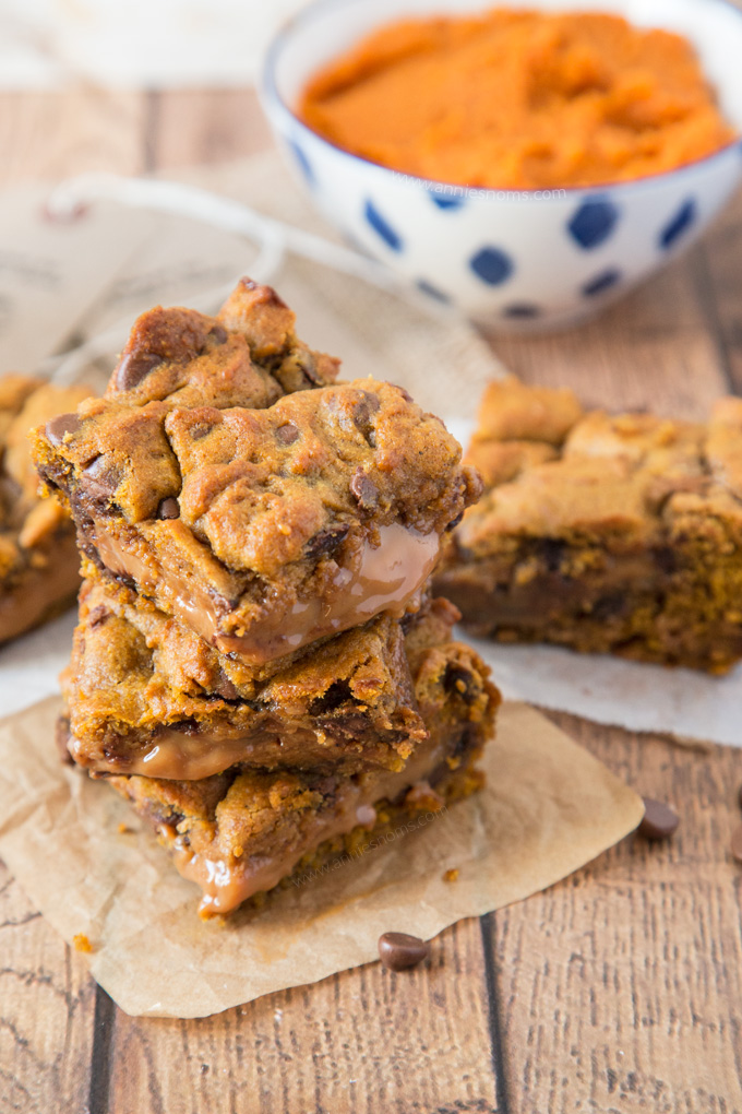 These Pumpkin Caramel Cookie Bars are sinfully good! Chewy Pumpkin cookie dough layered with thick caramel and cut into squares; you’ll not be able to say no to them!