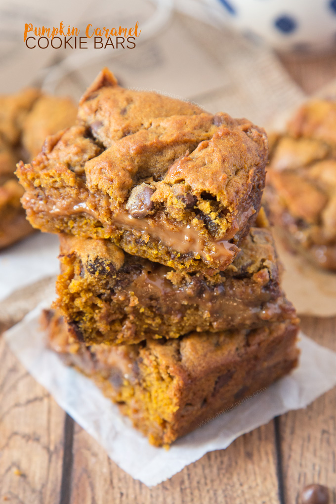 These Pumpkin Caramel Cookie Bars are sinfully good! Chewy Pumpkin cookie dough layered with thick caramel and cut into squares; you’ll not be able to say no to them!