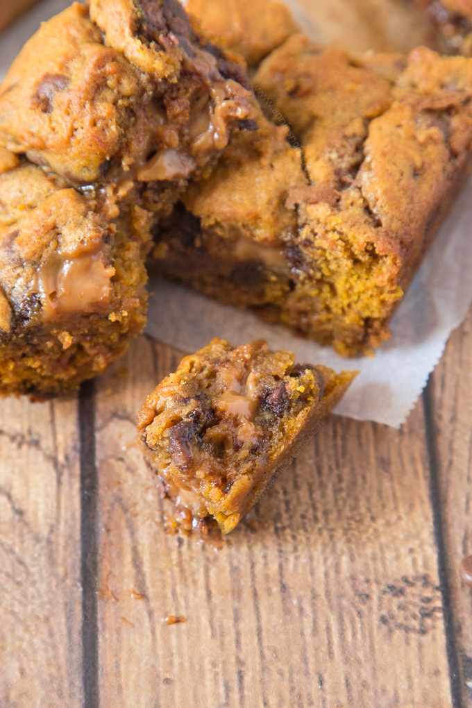 These Pumpkin Caramel Cookie Bars are sinfully good! Chewy Pumpkin cookie dough layered with thick caramel and cut into squares; you’ll not be able to say no to them!