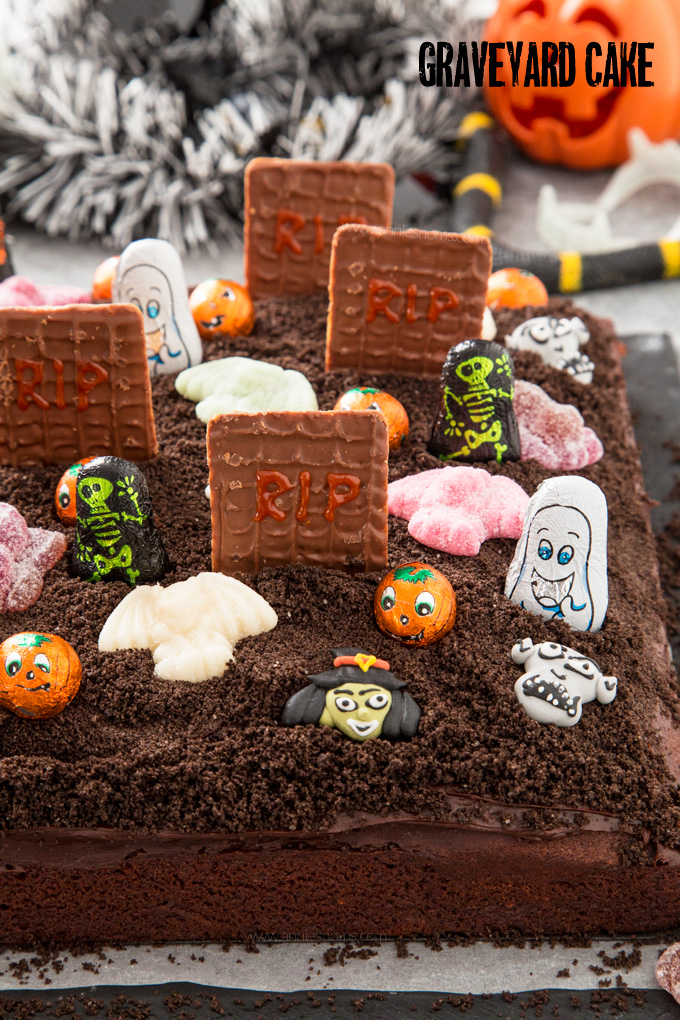 Let the kids go to town with Halloween themed decorations and create your very own delicious Graveyard Cake with a rich chocolate cake base, chocolate frosting and Oreo soil!