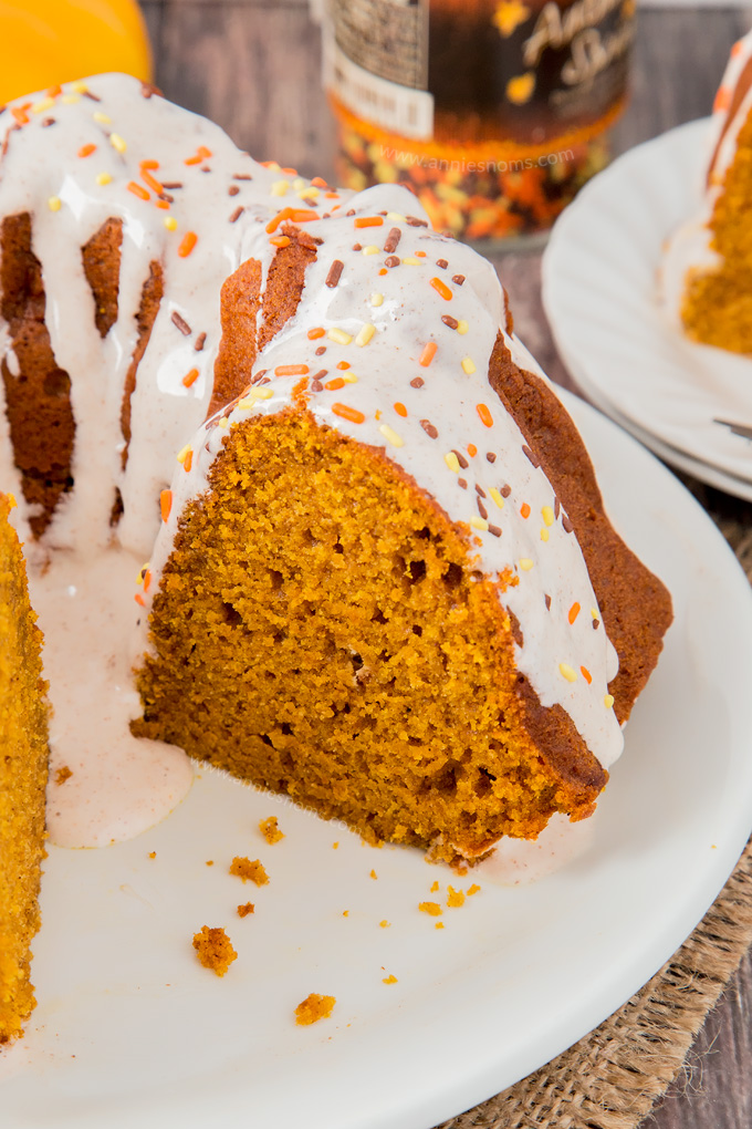 My Pumpkin Bundt Cake is soft, sweet and spicy. Filled with a whole can of pumpkin and topped with a creamy cinnamon cream cheese glaze, it’s sublime!