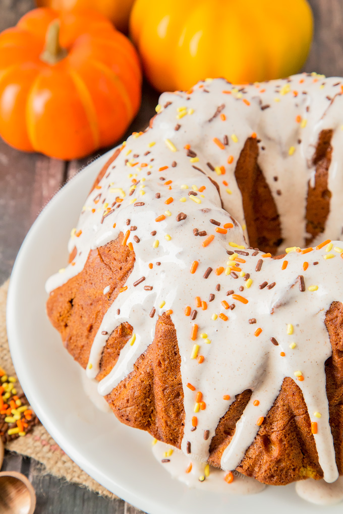 My Pumpkin Bundt Cake is soft, sweet and spicy. Filled with a whole can of pumpkin and topped with a creamy cinnamon cream cheese glaze, it’s sublime!